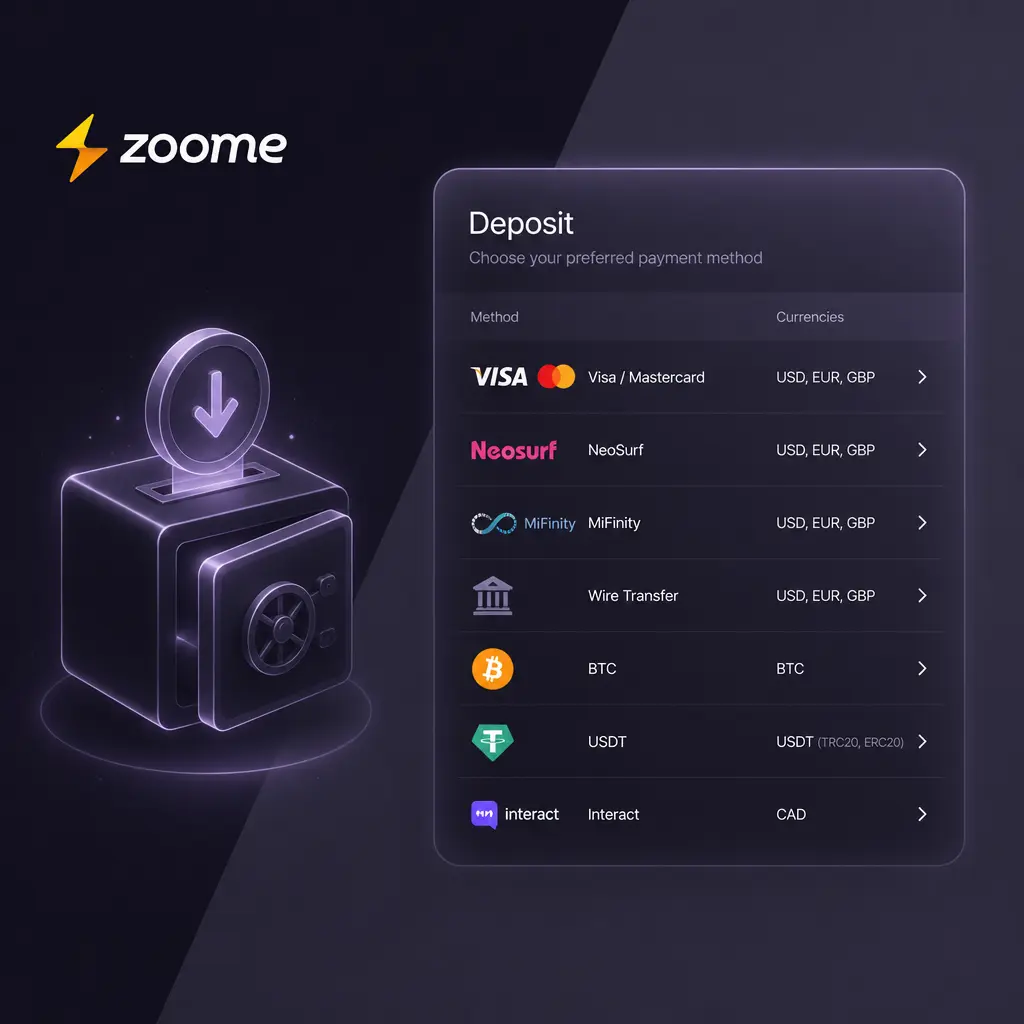 Zoome Casino deposit methods and payment options